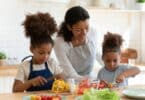 mom with kids cooking in the kitchen