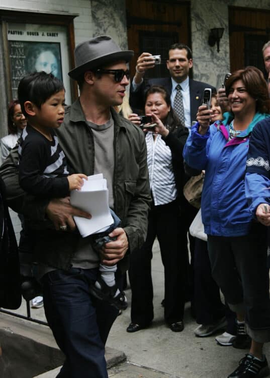Father Brad Pitt seen in the Upper West side, Nyc, taking Pax to a Pediatric Health Service office
