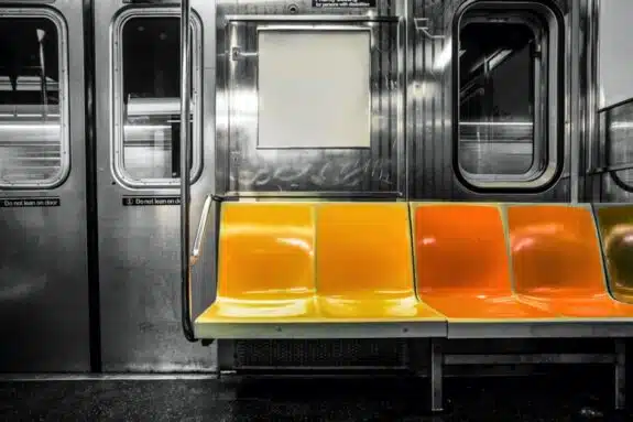 inside of a NYC subway train