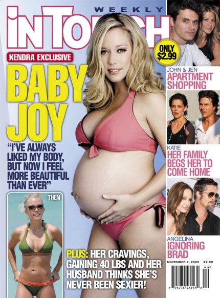Reality star Kendra Wilkinson shows off her growing belly on the cover of t...