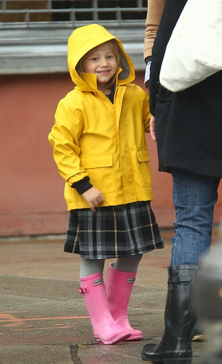 Matilda Ledger and Michelle Williams Have a Rainy Stroll To School