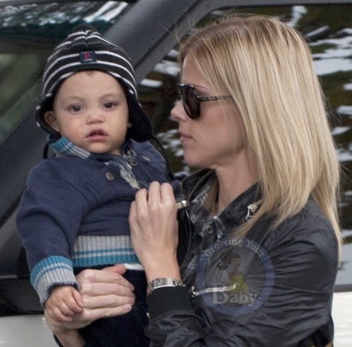 Elin Nordegrin carries her son Charlie