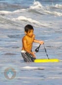 Pax getting ready to boogie board in Malibu