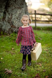 Peasant blouse and circle skirt in red and navy plaids