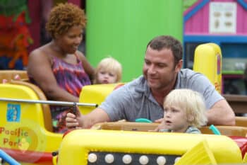 Liev Schreiber and sons Alexander and Sammy (in background with Nanny)