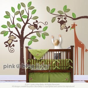 Pink N Blue Baby - Monkey and giraffe - Kids Removable Wall Vinyl Decal