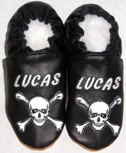 Soft Soul Baby Shoes - Moxies handmade soft leather baby booties black with crossbones and your babys name