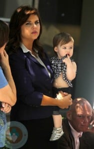 Tiffani Thiessen and daughter Harper Smith on the White Collar set