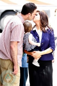 Tiffani Thiessen and daughter Harper Smith on the White Collar set