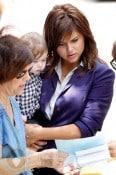 Tiffani Thiessen and daughter Harper Smith on the White Collar set