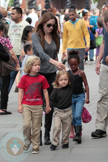 Angelina Jolie with her daughters Shiloh & Zahara and twins Know and Vivienne(not shown)