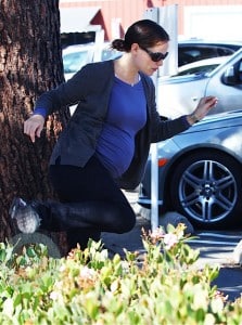 A pregnant Jennifer Garner jumps a hedge in Brentwood