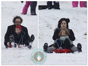 Tim Burton and Helena Bonham Carter sled with their kids