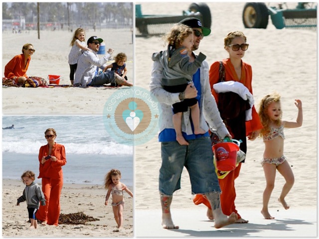 Nicole Richie with Joel, Harlow and Sparrow Madden play at the beach