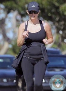 pregnant reese witherspoon out for a jog in LA
