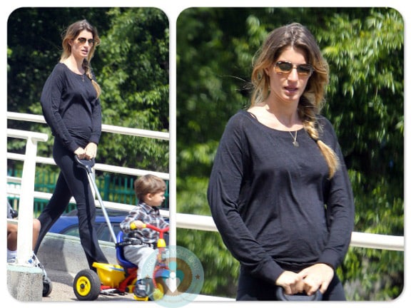 Pregnant Gisele Bundchen with son Benjamin Brady, walk in Boston