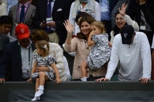 Mirka Federer watches husband Roger Federer with her twin daughters Myla Rose & Charlene Riva