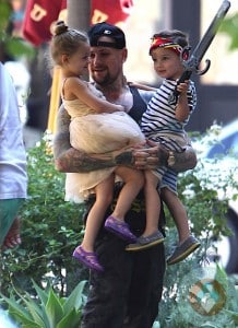 Benji Madden with niece and newphew Harlow and Sparrow at a birthday party LA