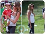 Pregnant Gisele Bunchen with son Benjamin Brady at the Patriots Training camp