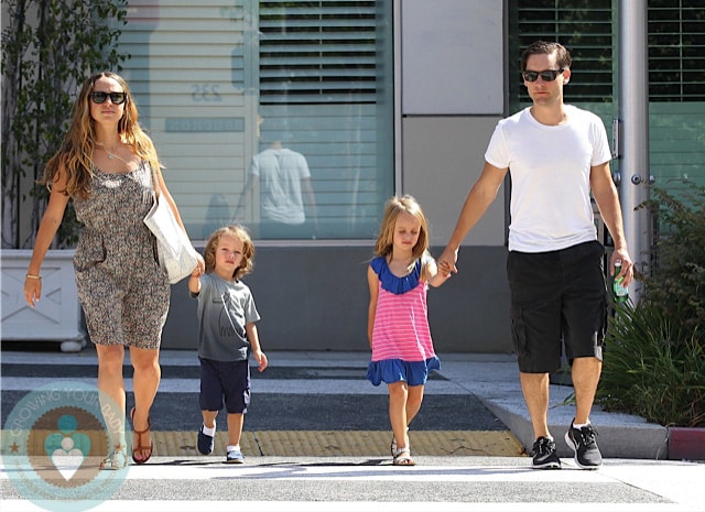 Tobey Maguire and Jennifer Meyer with Ruby & Otis at a Birthday Party LA