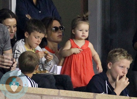 Victoria Beckham and baby daughter Harper watch hubby David Beckham play for the LA Galaxy against the Seattle Sounders in Los Angeles