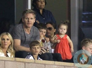 Gordon Ramsay, Victoria Beckham and baby daughter Harper watch hubby David Beckham play for the LA Galaxy against the Seattle Sounders in Los Angeles