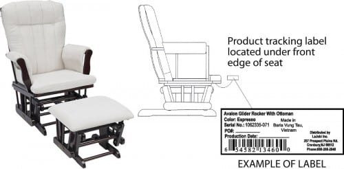 Image of recalled  Avalon Glider Rocker with ottoman and label