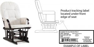 Image of recalled  CNS:Katelyn Glider Rocker and label