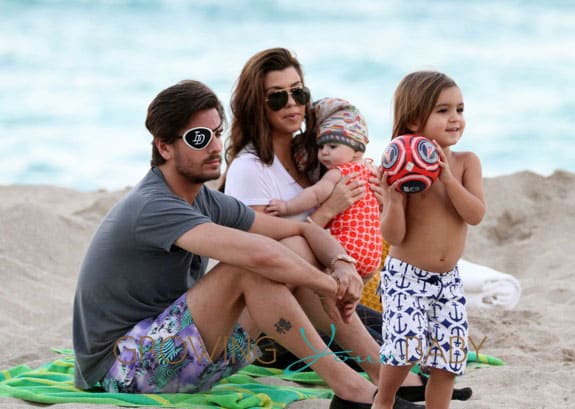 Kourtney Kardashian and Scott Disick with Mason and Penelope on the beach in Miami