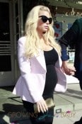 A pregnant Jessica Simpson and fiance Eric Johnson are seen leaving The Ivy in Santa Monica after having a Valentine's lunch date