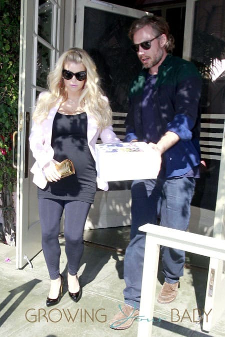 A pregnant Jessica Simpson and fiance Eric Johnson are seen leaving The Ivy in Santa Monica after having a Valentine's lunch date