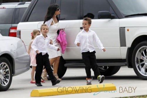 Britney Spears' mom Lynne arrives with her grandchildren Sean Preston, Jayden James and Maddie for Easter Sunday church services