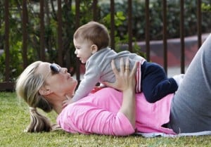 Molly Sims with her son at the park in Beverly Hills, LA