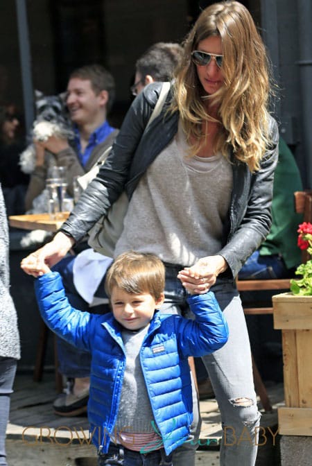 Gisele Bundchen and Tom Brady bring their kids Benjamin and baby daughter Vivian to Extra Virgin restaurant in New York City