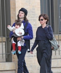 Tom Sturridge walks in New York with daughter Marlowe and his mum Phoebe