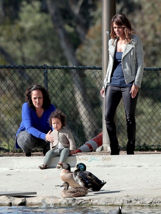 Halle Berry takes a break from filming 'Extant' to take baby Maceo to the park to see the ducks