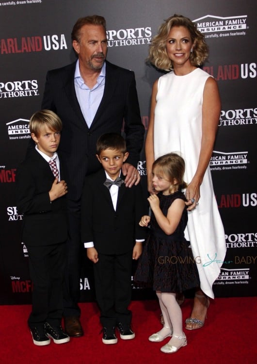 Kevin Costner and Christine Baumgartner with kids Grace Avery, Hayes & Cayden Costner at McFarland USA Premiere