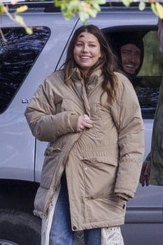 A very pregnant Jessica Biel on the set of her new movie  The Devil and The Deep Blue Sea