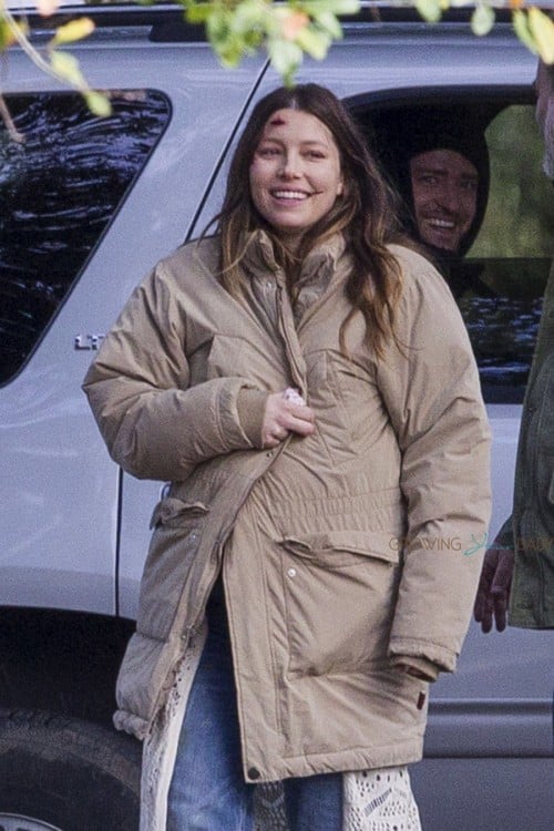 A very pregnant Jessica Biel on the set of her new movie The Devil and The Deep Blue Sea