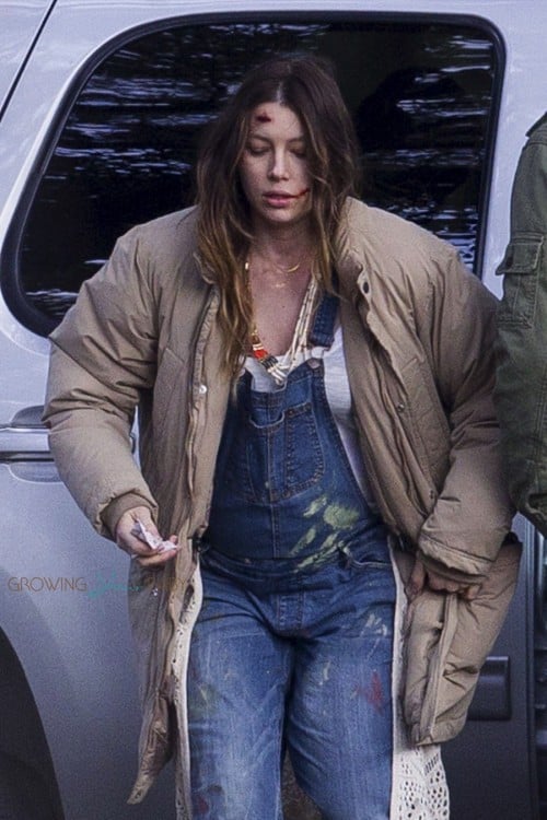 A very pregnant Jessica Biel on the set of her new movie The Devil and The Deep Blue Sea