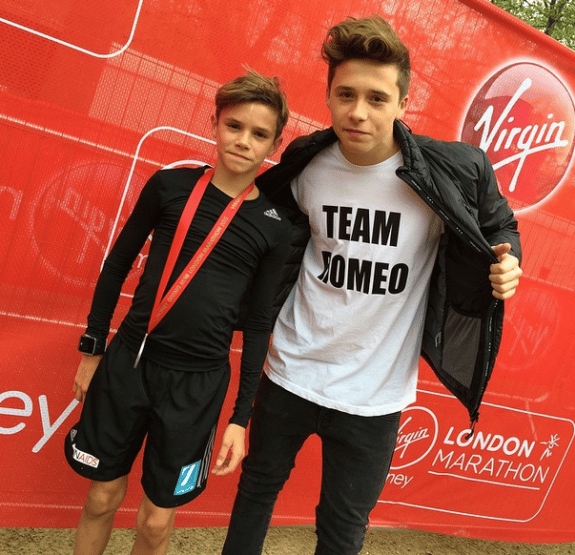 Brooklyn and Romeo Beckham at mini London Marathon