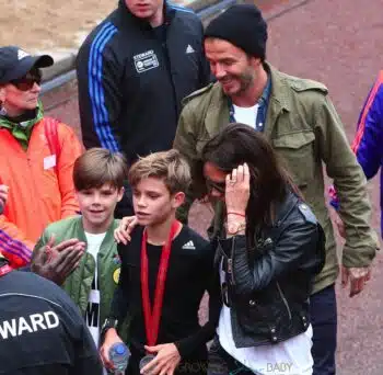 David & Victoria Beckham with sons Brooklyn and Cruz at Romeo's mini London Marathon