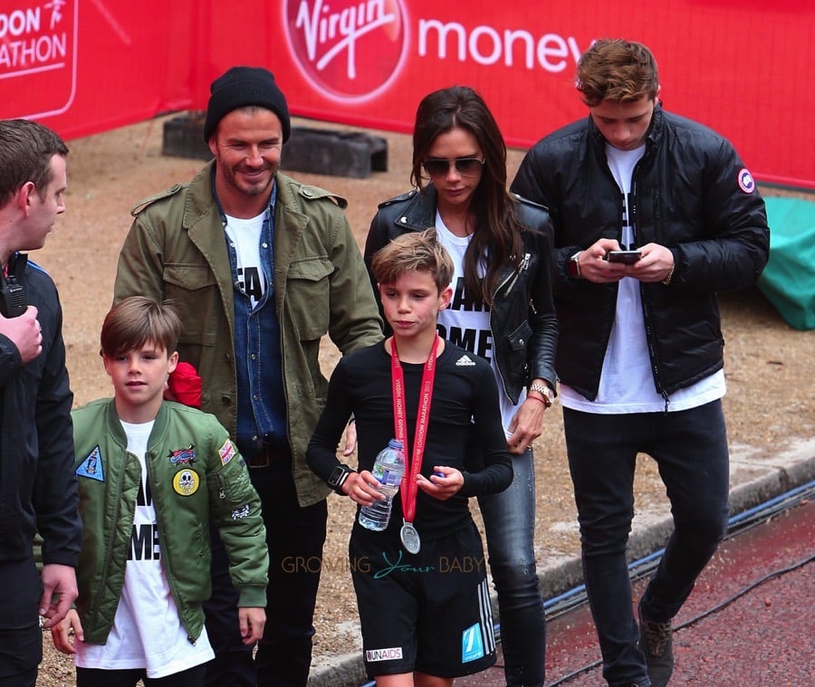 David and Victoria Beckham with sons Brooklyn and Cruz at Romeo's mini London Marathon