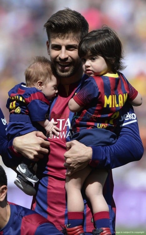 Gerard Pique with sons Milan and Sasha at FC Barcelona vs Valencia CF game in Barcelona