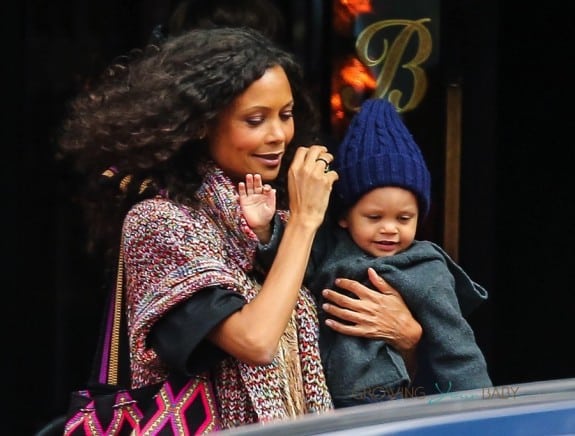 Thandie Newton is seen catching a cab with her son Booker in New York City