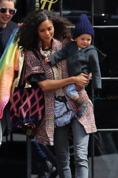 Thandie Newton is seen catching a cab with her son Booker in New York City
