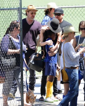 Brad Pitt and Angelina Jolie with daughters Zahara and Shiloh after a soccer game in LA