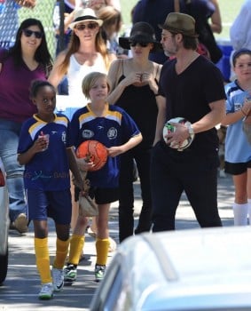 Brad Pitt and Angelina Jolie with daughters Zahara and Shiloh after a soccer game in LA