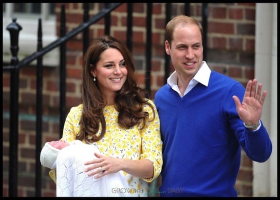 Catherine, Duchess of Cambridge and Prince William, Duke of Cambridge proudly show off their new baby daughter outside of St. Mary's hospital