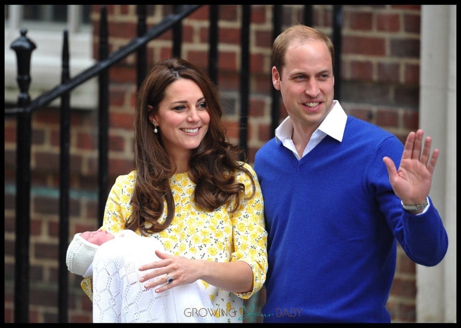 Catherine, Duchess of Cambridge and Prince William, Duke of Cambridge proudly show off their new baby daughter outside of St